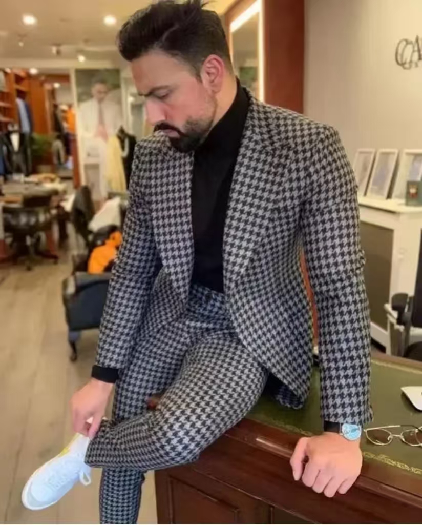 Men Formal Wear Pants - Houndstooth vintage terno masculino pico lapela