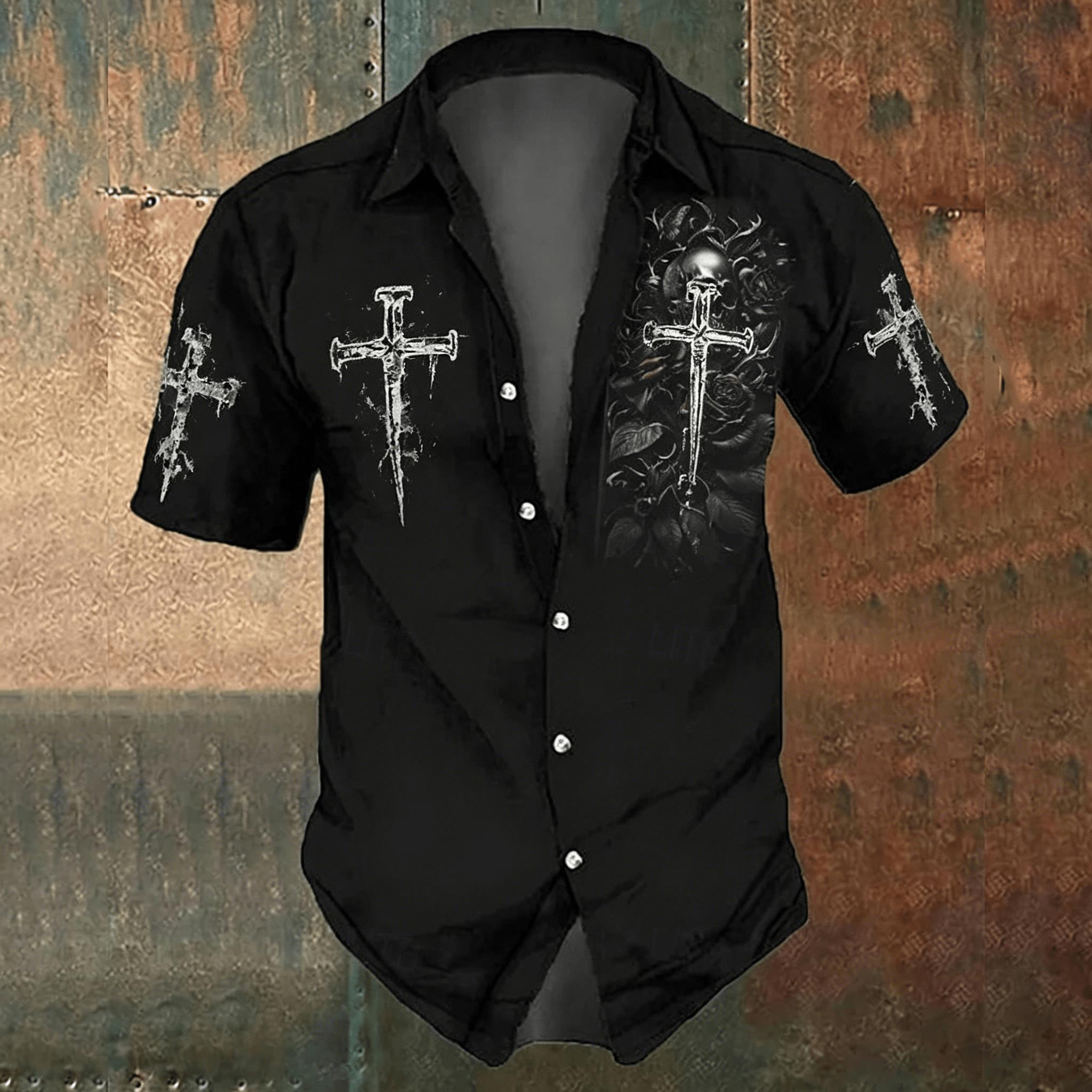 Men'S Gothic Formal Wear - Camisa Casual Masculina Preta com Estampa
