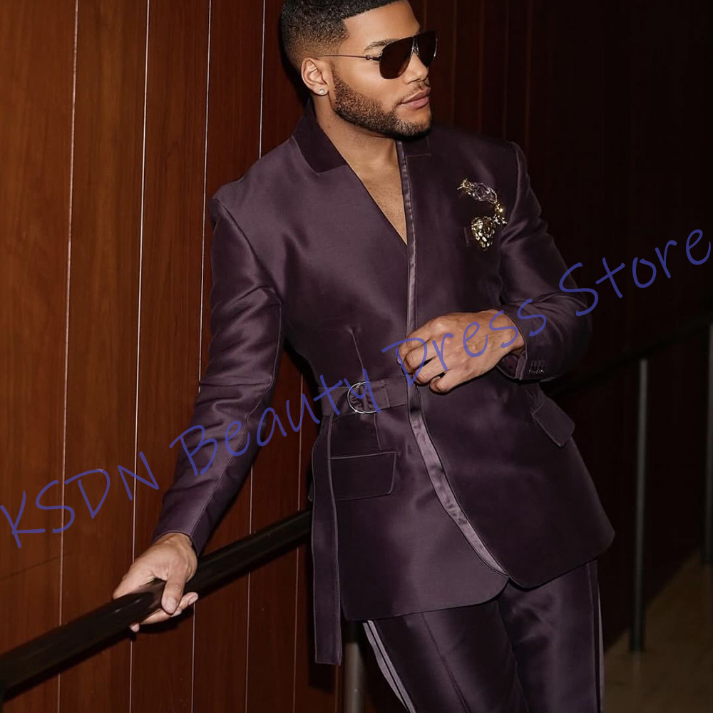 Men Formal Wear Purple - Terno masculino elegante de cetim roxo,