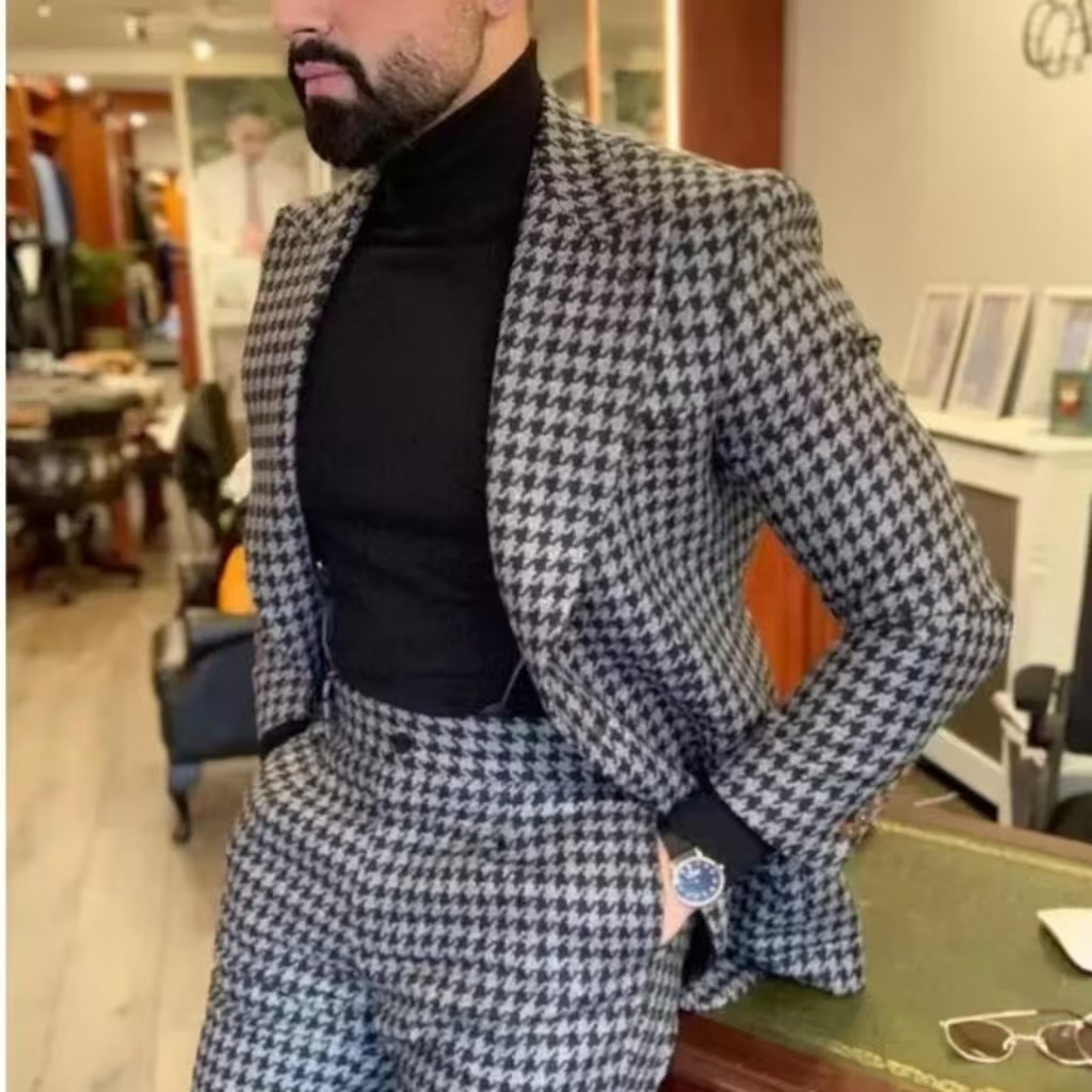 Houndstooth vintage terno masc - Men Formal Wear Pants avaliação e preço