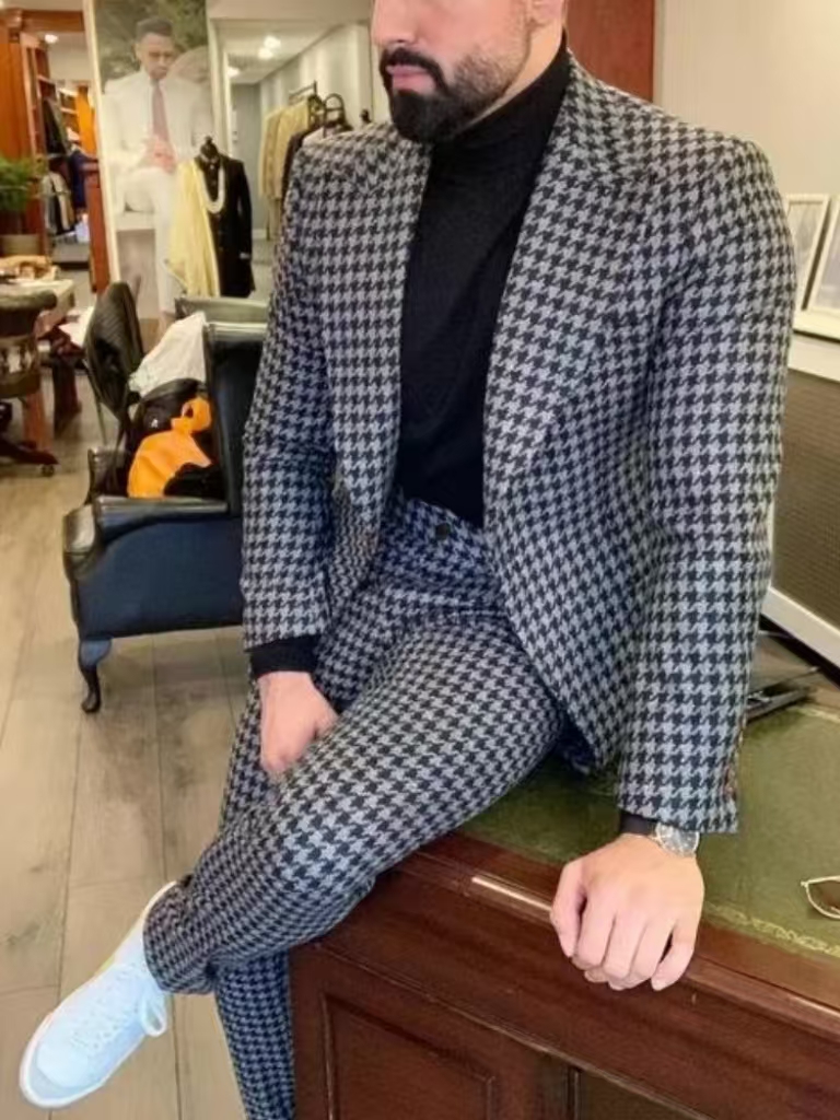 Houndstooth vintage terno masc - Men Formal Wear Pants avaliação e preço