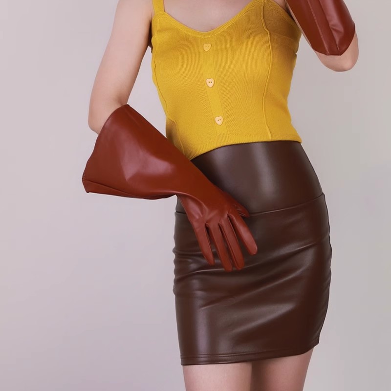 Luva longa de couro PU marrom  - Formal Glove Leather avaliação e preço