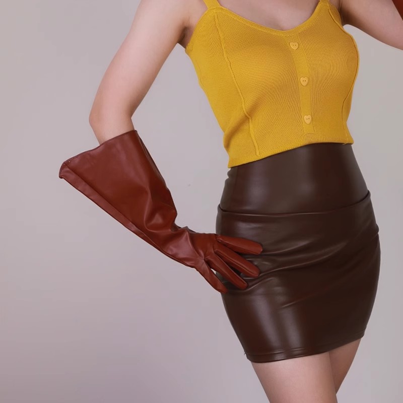 Luva longa de couro PU marrom  - Formal Glove Leather avaliação e preço